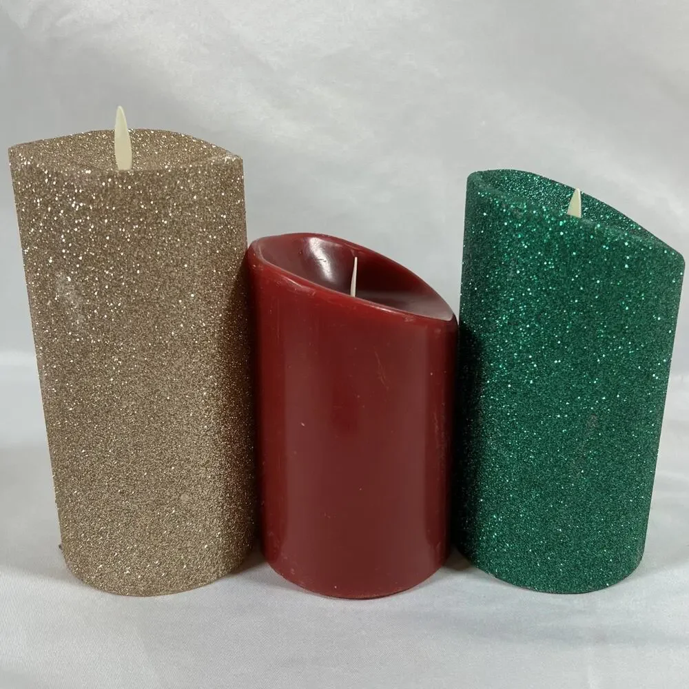 Lot of 3 Luminara Candles Christmas Gold Green Glitter Red Remote 4-10hr Timer